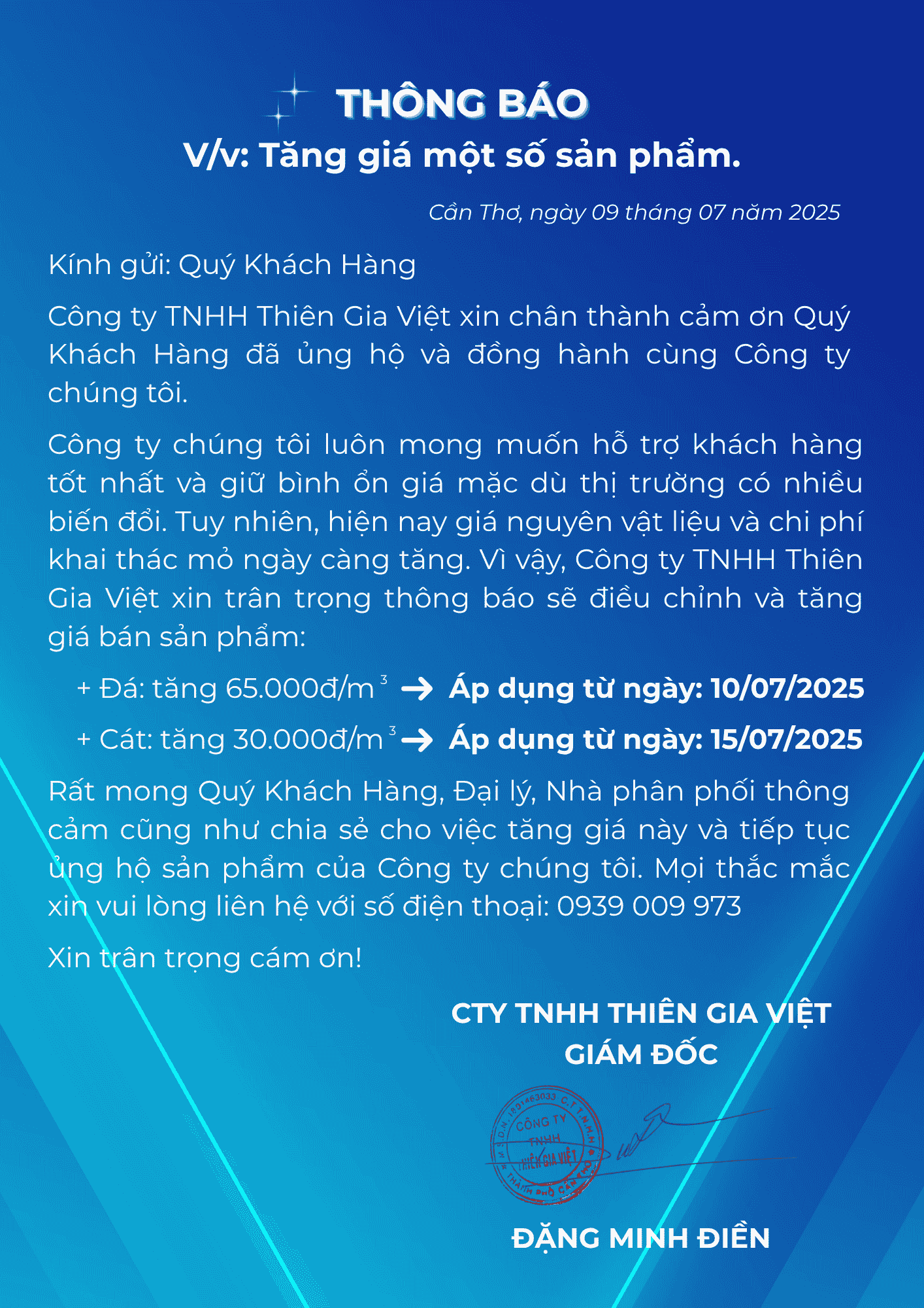 Thông báo điều chỉnh giá sản phẩm